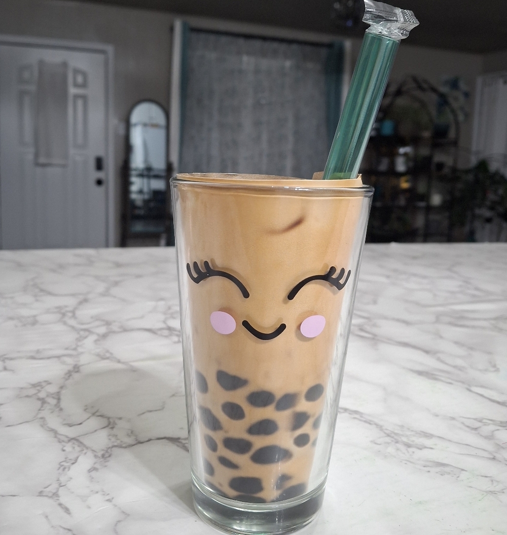 Cute BobaTea GlassCup with Straw